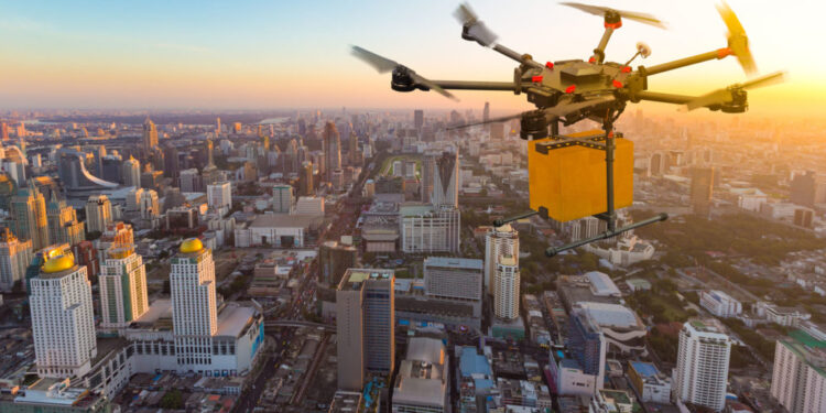 Drone transport  flying with cardboard box above city, futuristic delivery concept