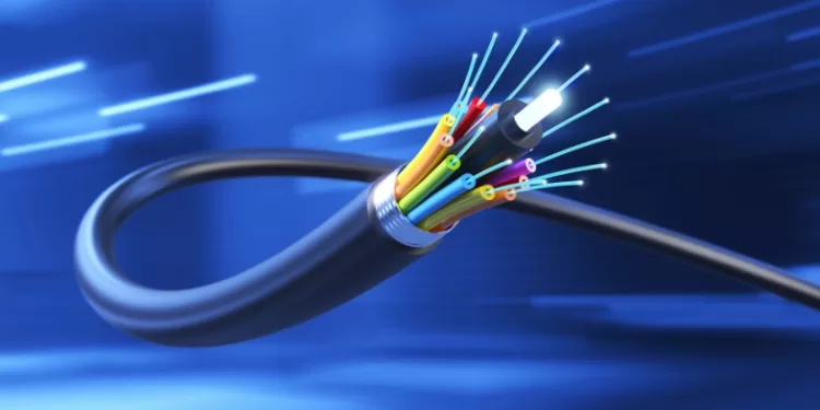 Connection of Optical fiber cable, technology background, 3d illustration.
